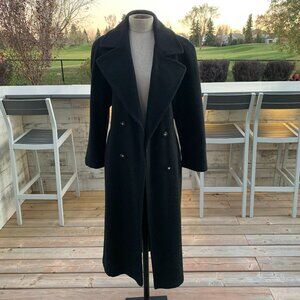 Vintage 90s Double Breasted Belted Long Maxi Overcoat Black Wool Trench Coat